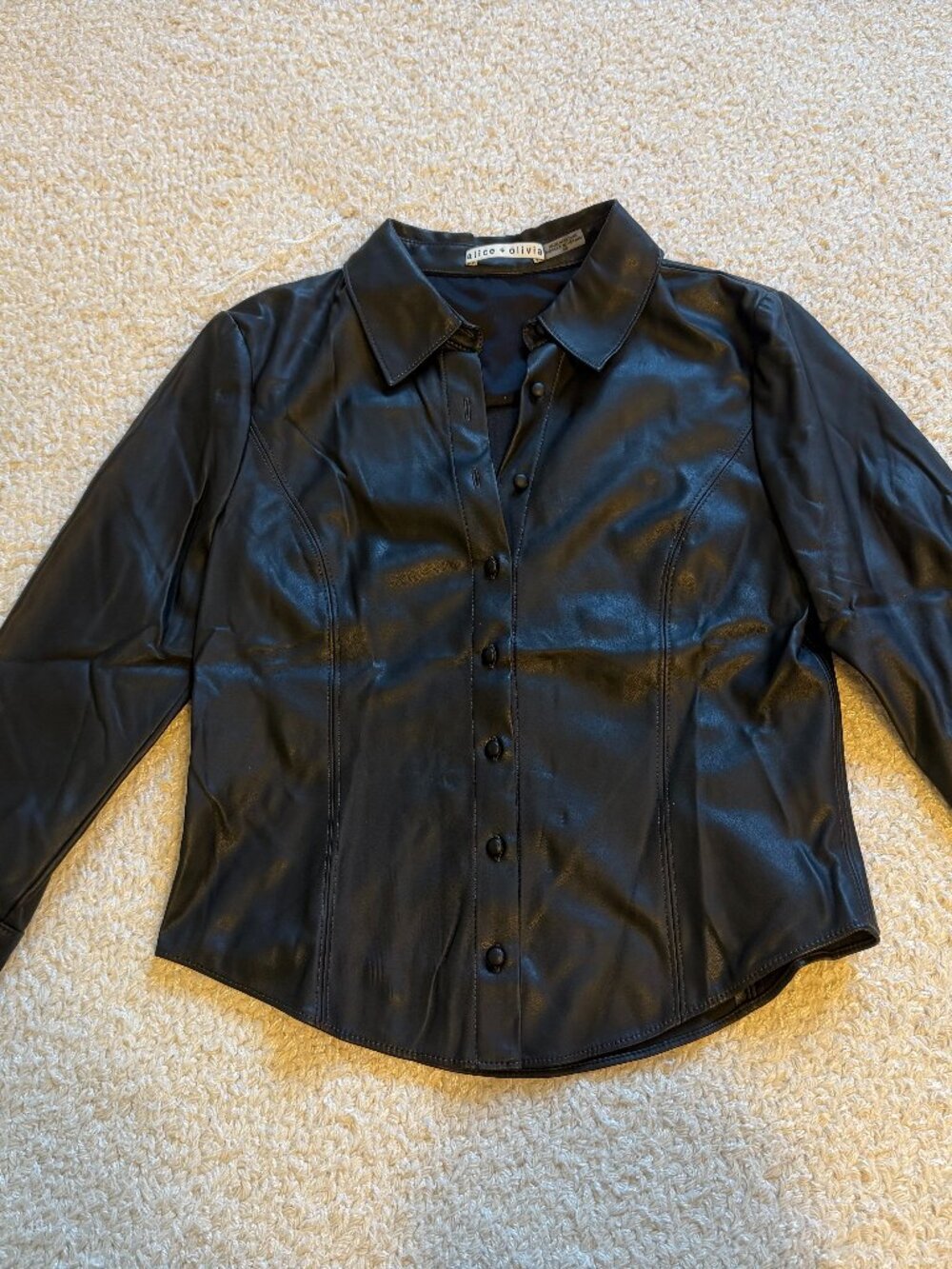 Alice + Olivia Black Vegan Leather Button Down Shirt Fitted Size S